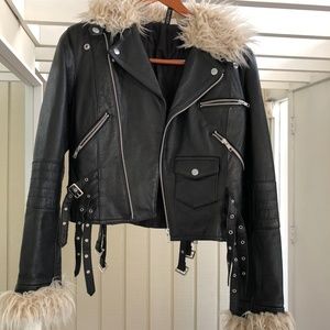 H&M leather moto jacket with faux white trim